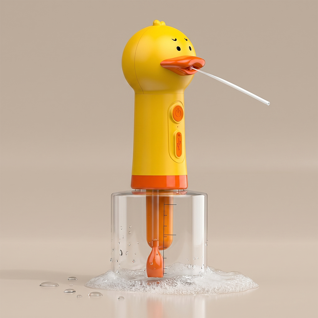 Yellow duck-shaped water gun on a beige background