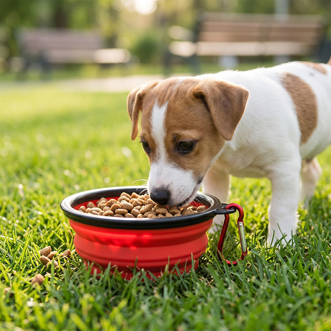 Dog eating from a red bowl filled with food on grass