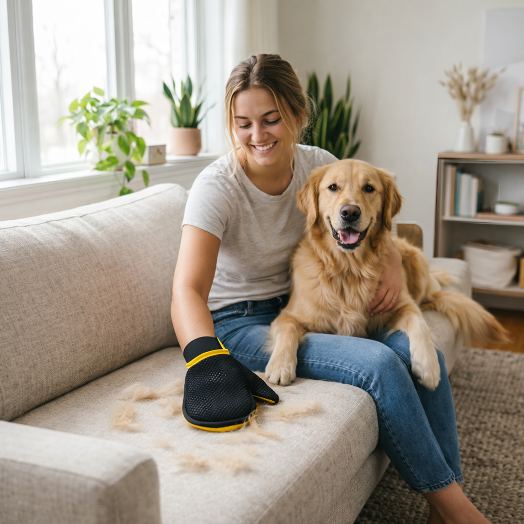 Woman sitting on a couch with a dog, holding a grooming glove with pet hair on a light-colored sofa.