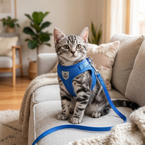 Cat wearing a blue harness and leash on a couch in a cozy living room.