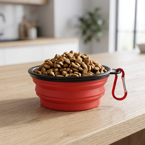 Red collapsible dog bowl filled with kibble on a wooden surface