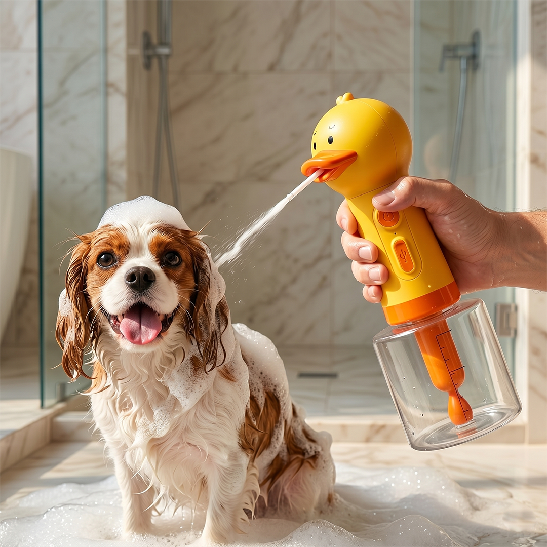 Dog being bathed with a yellow duck-shaped handheld shower in a bathroom setting
