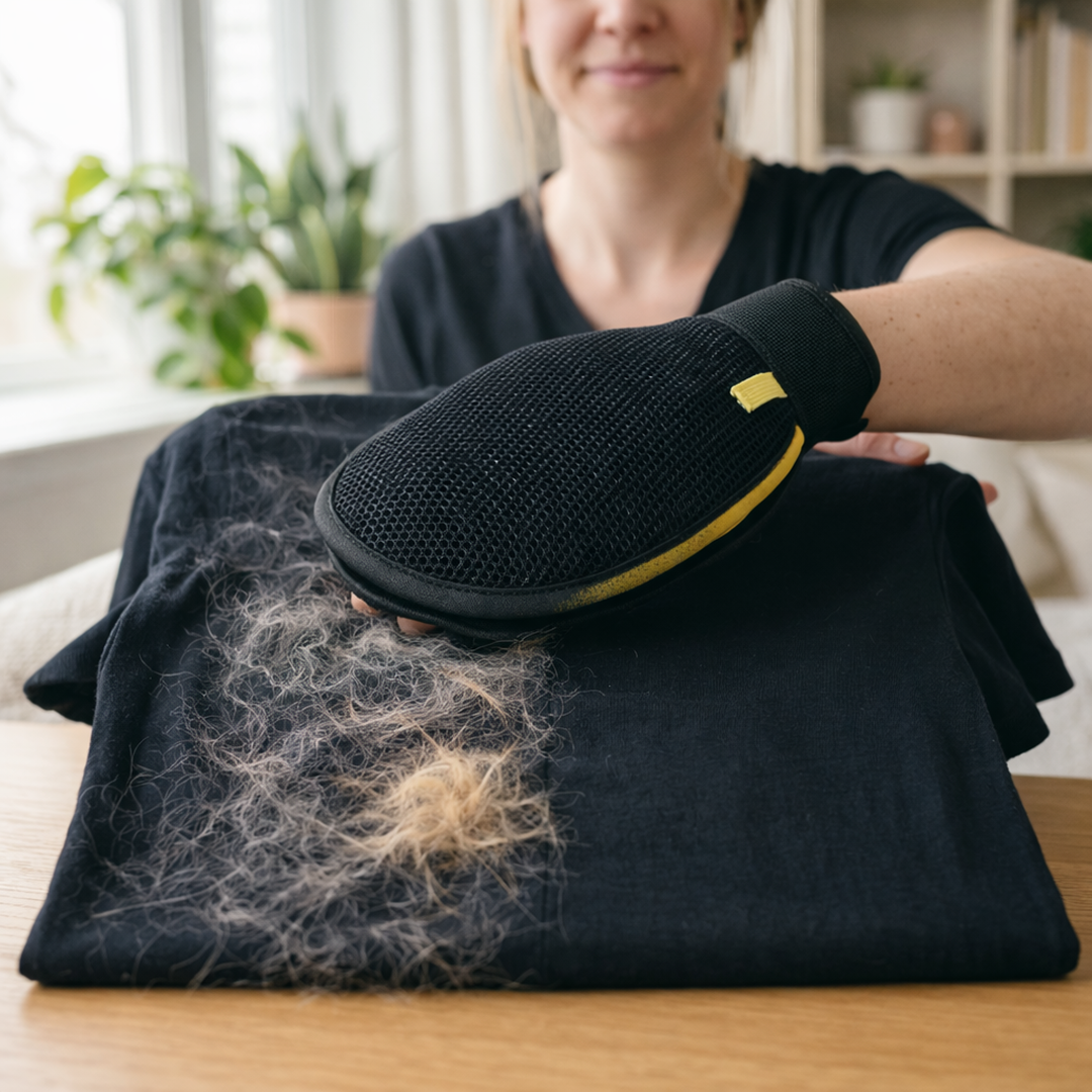 Person using a grooming mitt to remove fur from a black shirt with visible fur on a wooden surface.