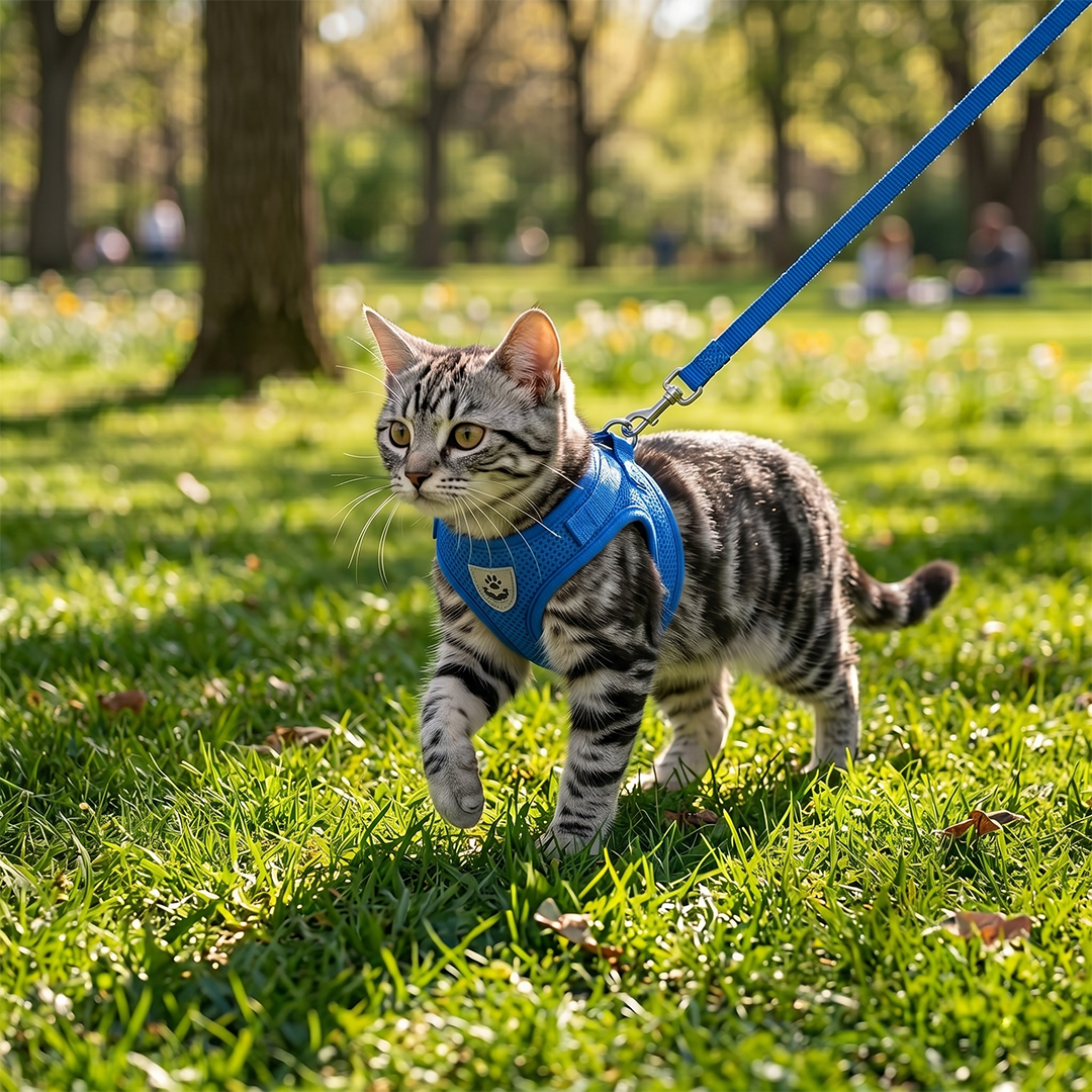 Cat walking on a leash in a park with grass and trees in the background