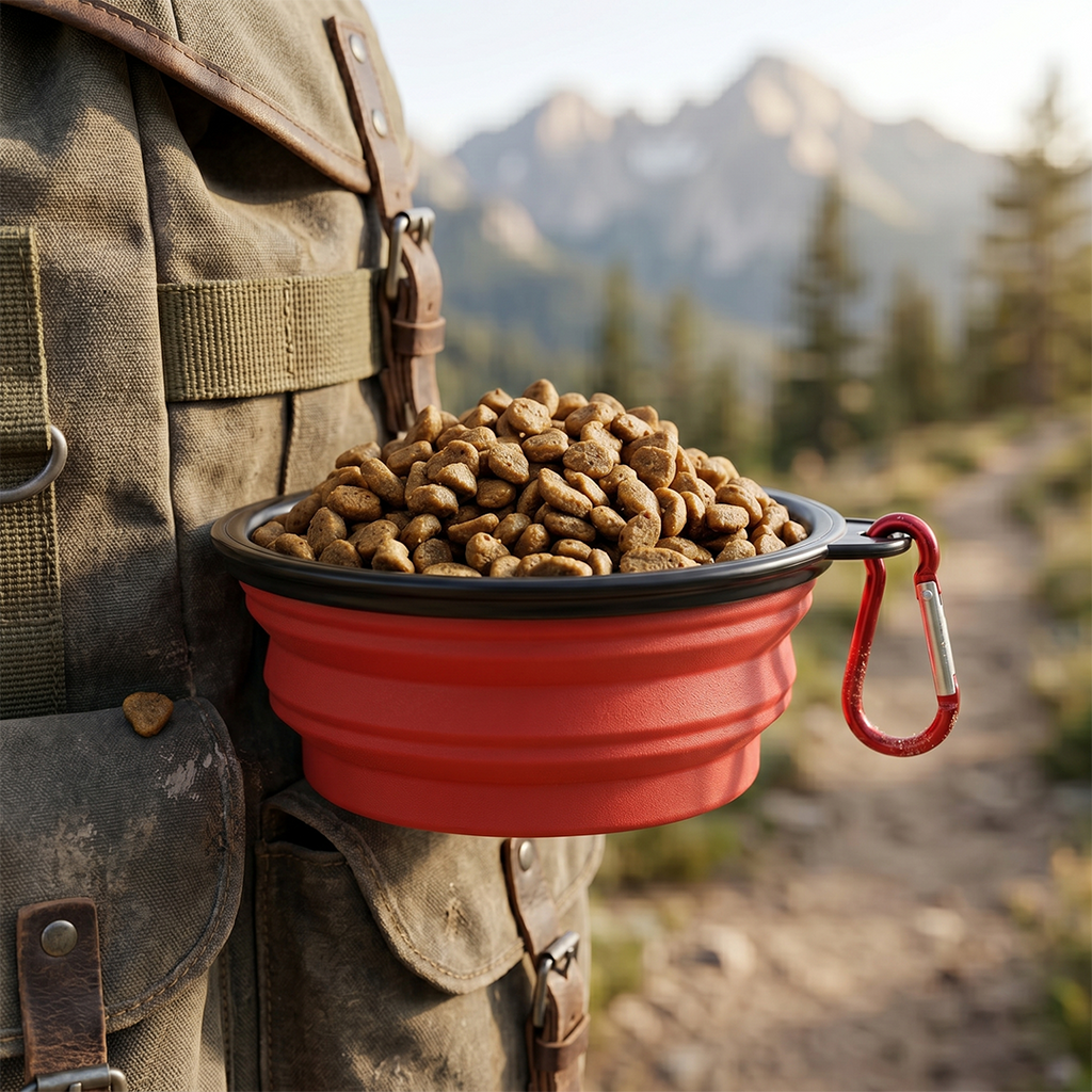 Red collapsible bowl filled with dog food attached to a backpack with a mountainous background