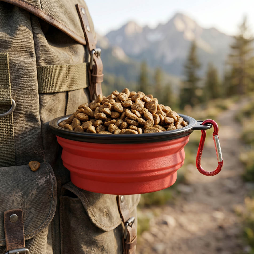 Red collapsible bowl filled with dog food attached to a backpack with a mountainous background