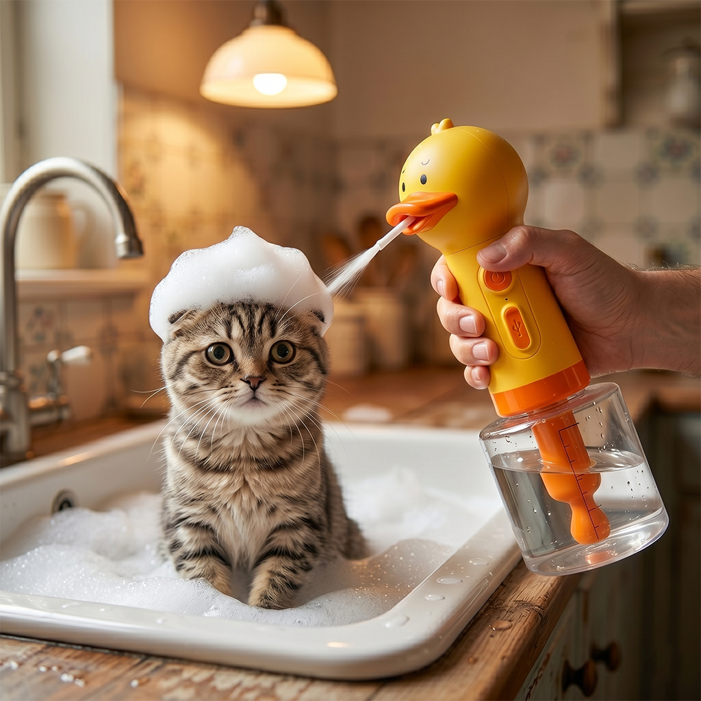 Cat in a sink with a yellow duck-shaped bath toy