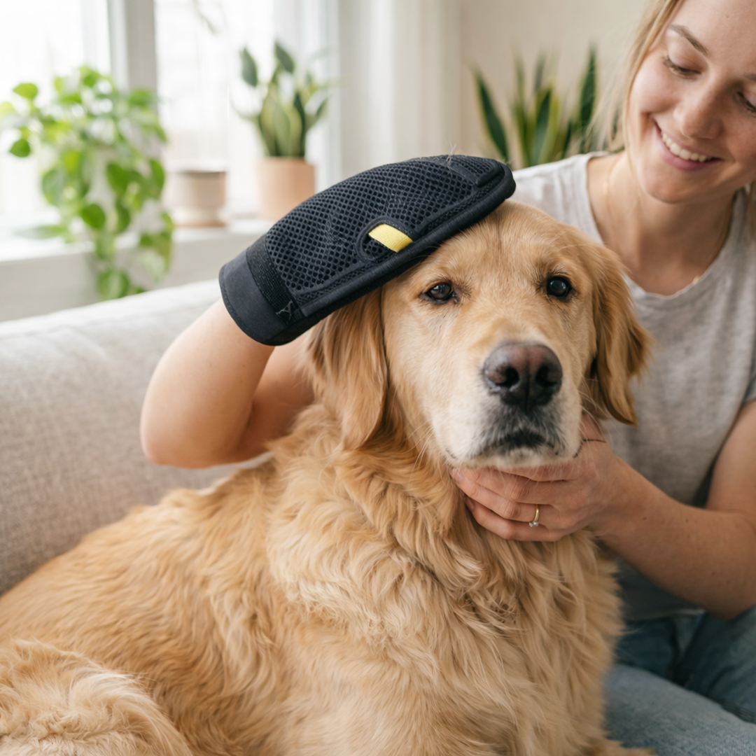 Woman petting a dog wearing a black glove with a yellow button, surrounded by plants indoors.