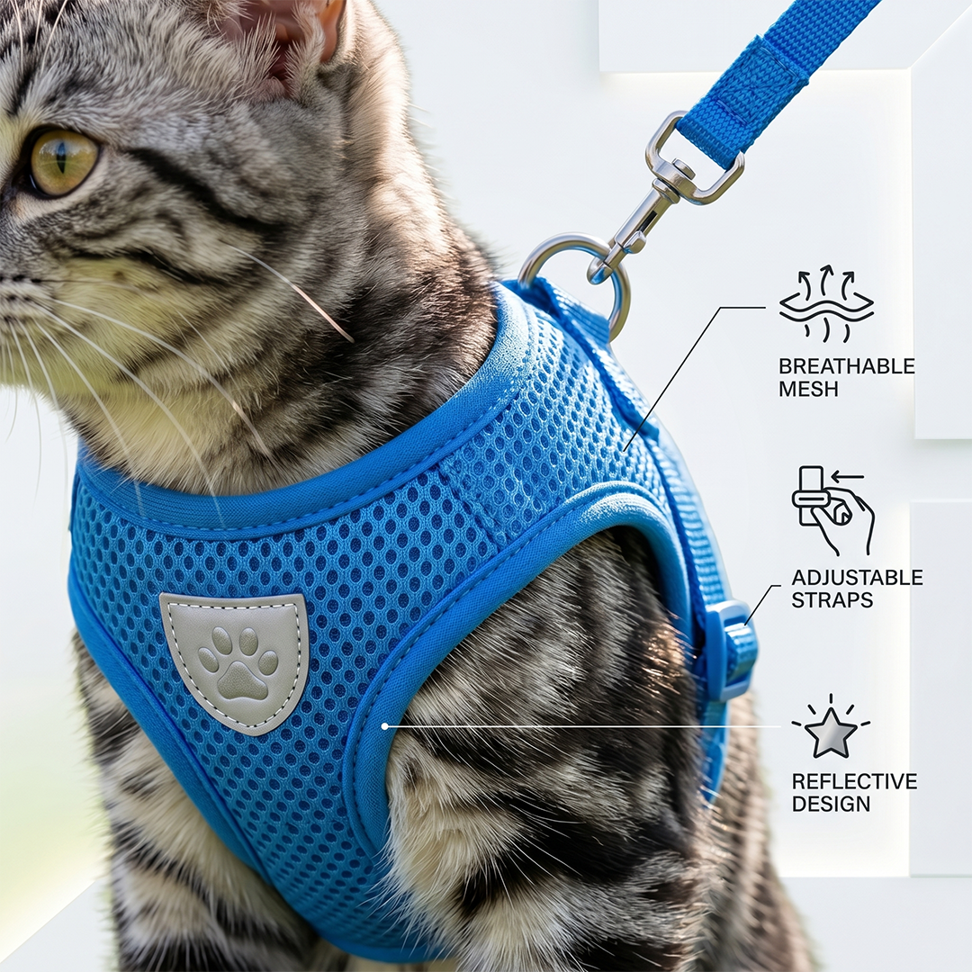 Cat wearing a blue harness with features highlighted on the right side.