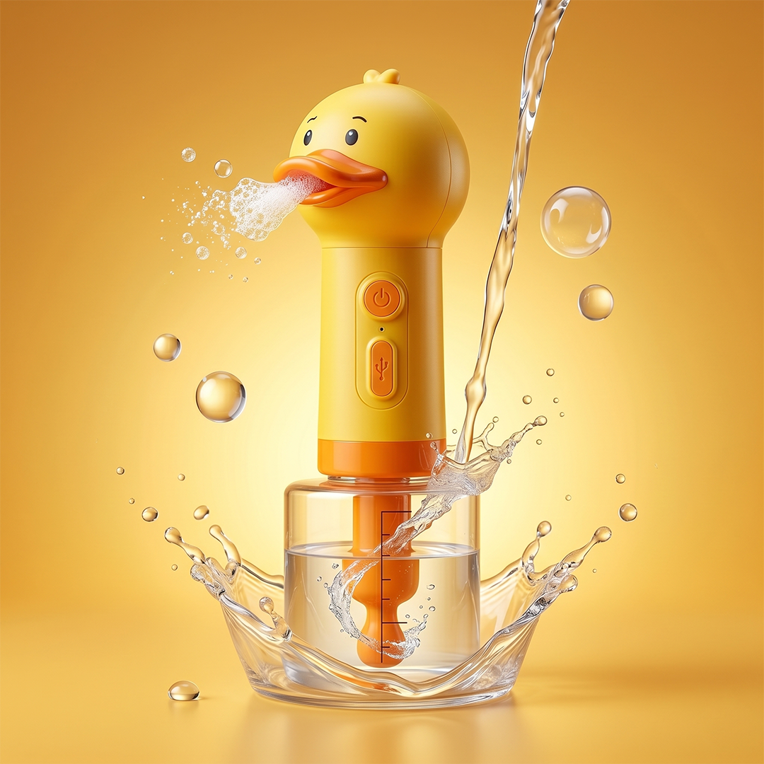 Yellow duck-shaped water sprayer with water splashes on a yellow background