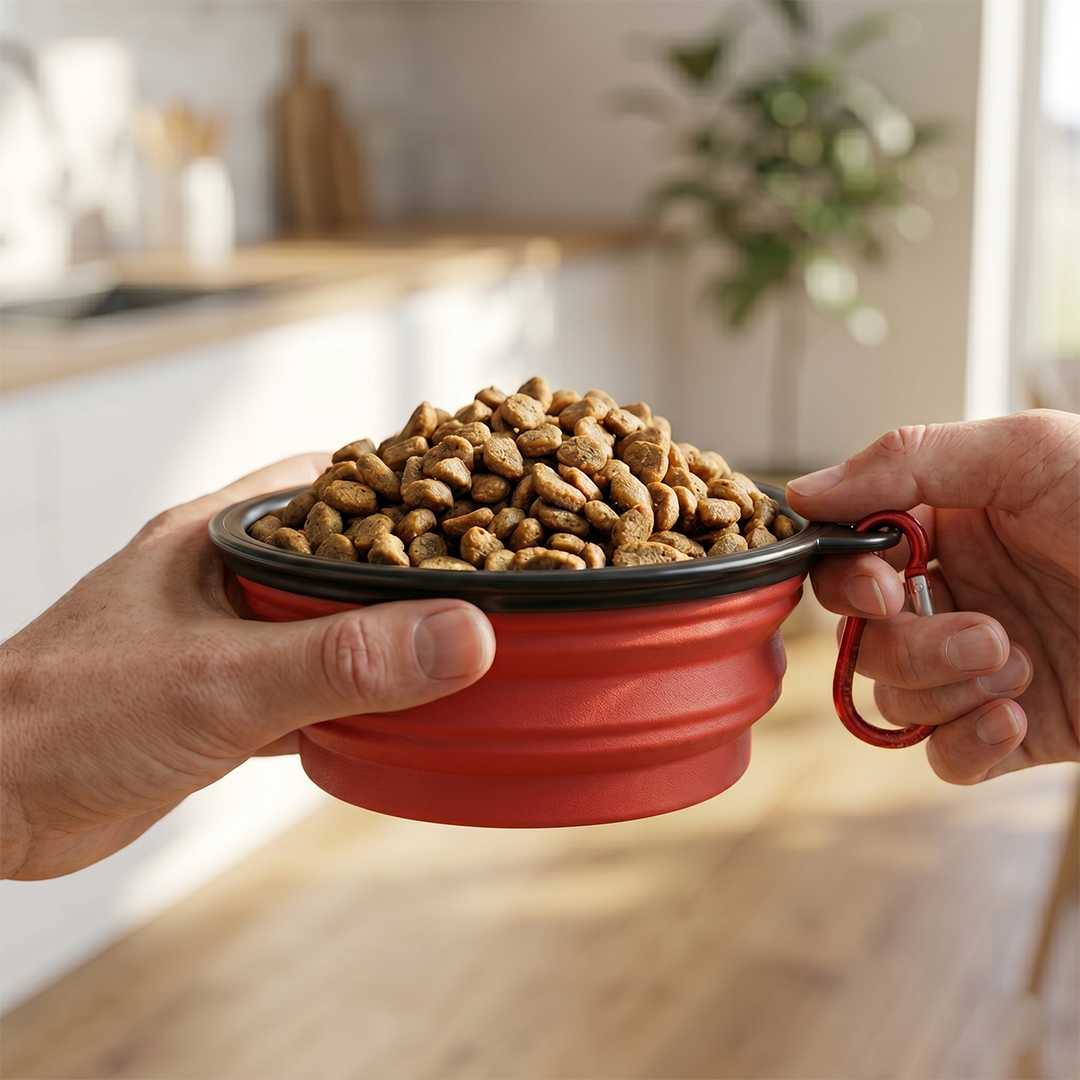 Red collapsible bowl filled with pet food held by two hands in a kitchen.