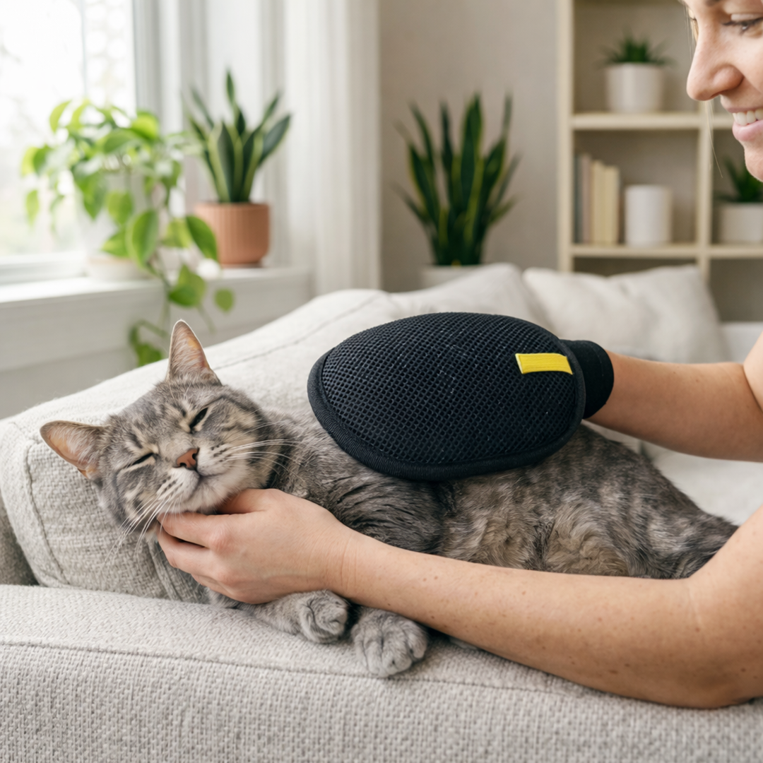 Person using a pet grooming glove on a cat on a couch in a home setting