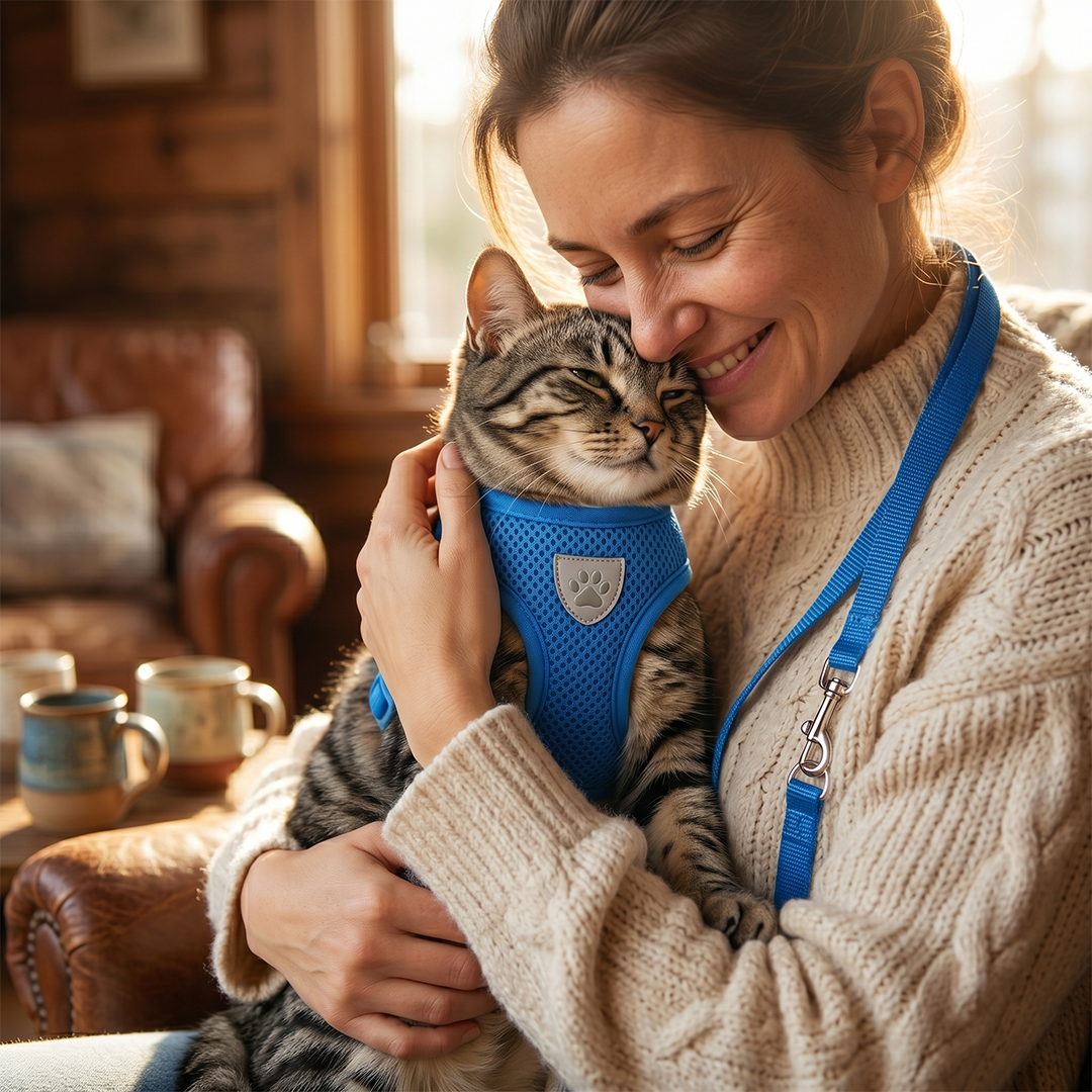 Woman holding a cat in a blue harness in a cozy indoor setting