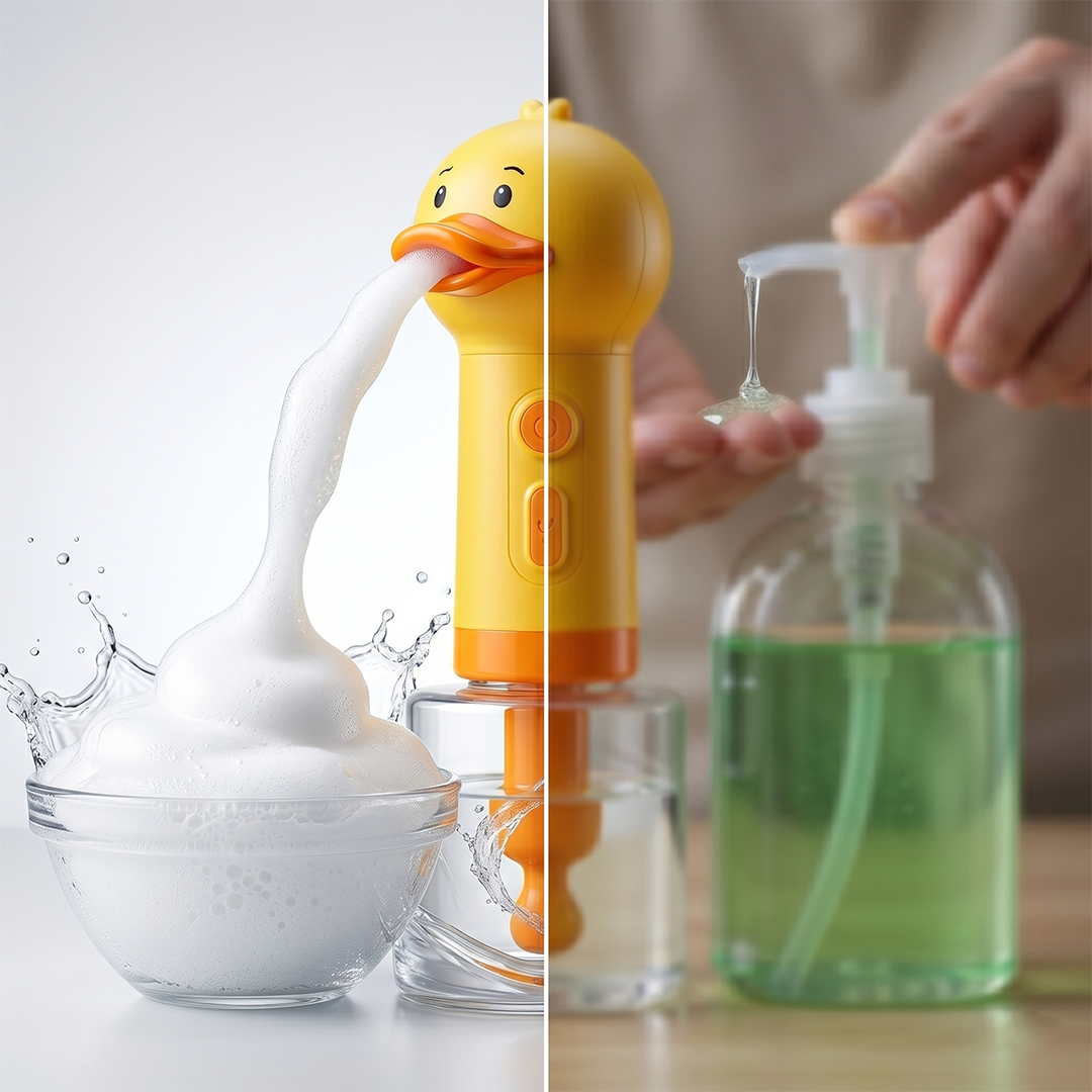 Yellow duck-shaped bottle with a pump dispensing liquid into a glass container.
