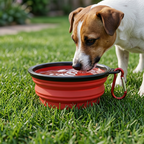 Dog drinking from a red collapsible water bowl on grass