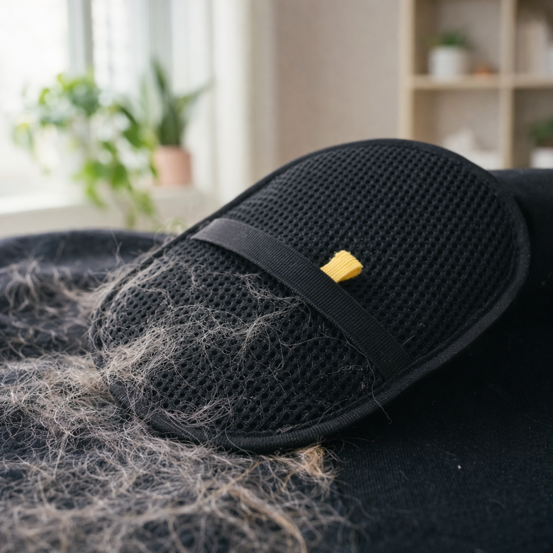 Black pet hair removal mitt with yellow tag on a surface with pet hair, in a home setting.