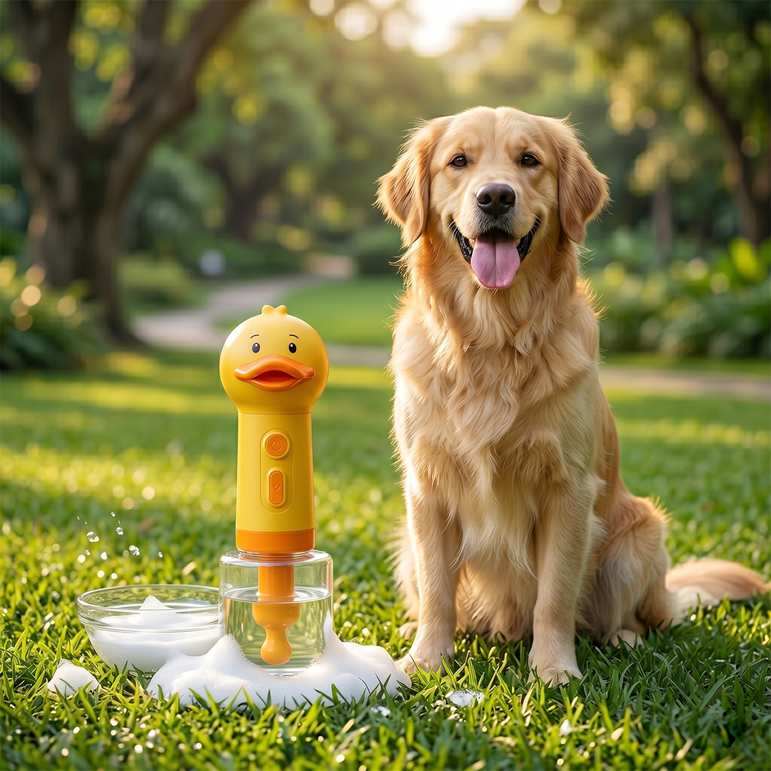Dog sitting on grass with a yellow duck-shaped toy in front of it