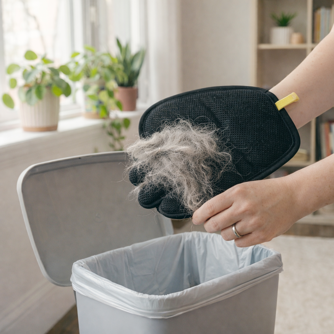 Person using a pet grooming glove to remove fur into a trash bin in a home setting.