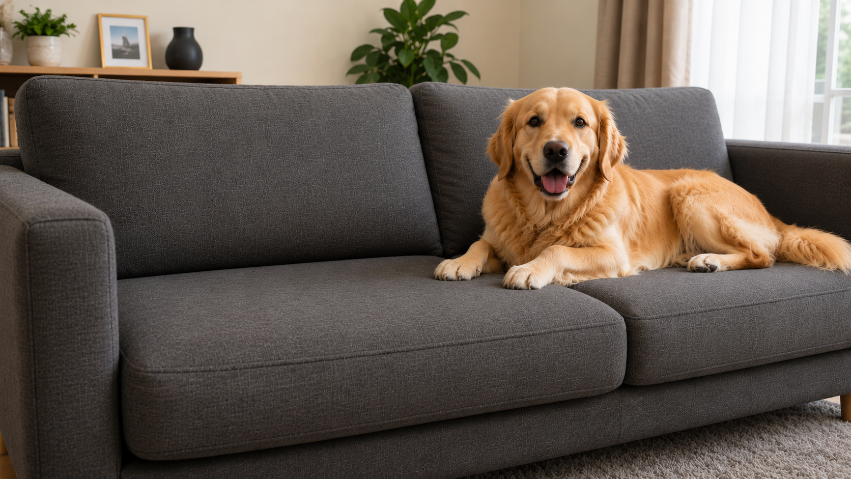 Golden retriever dog lying on a gray sofa in a living room.