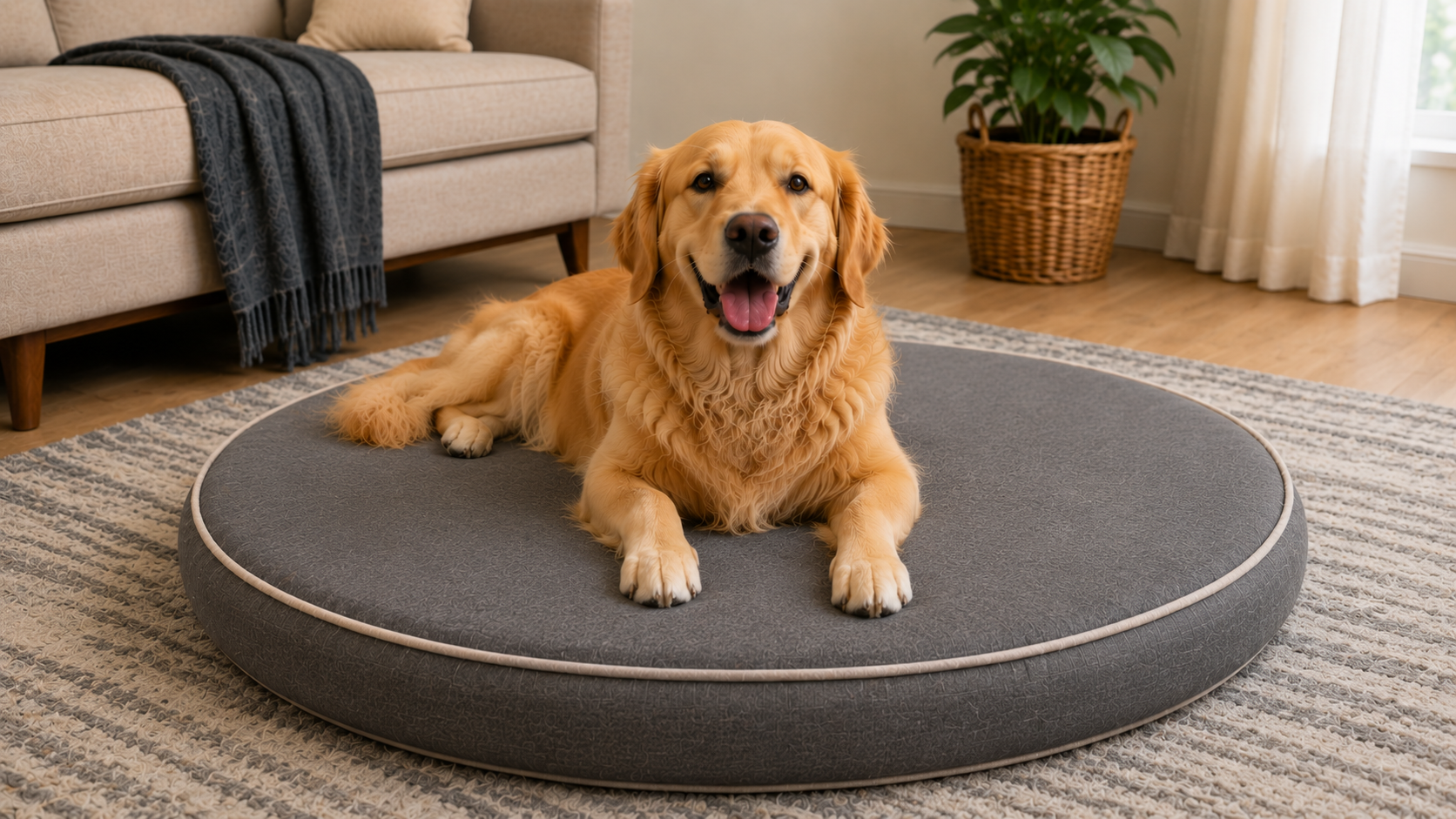 Dog lying on a round gray dog bed in a cozy living room.