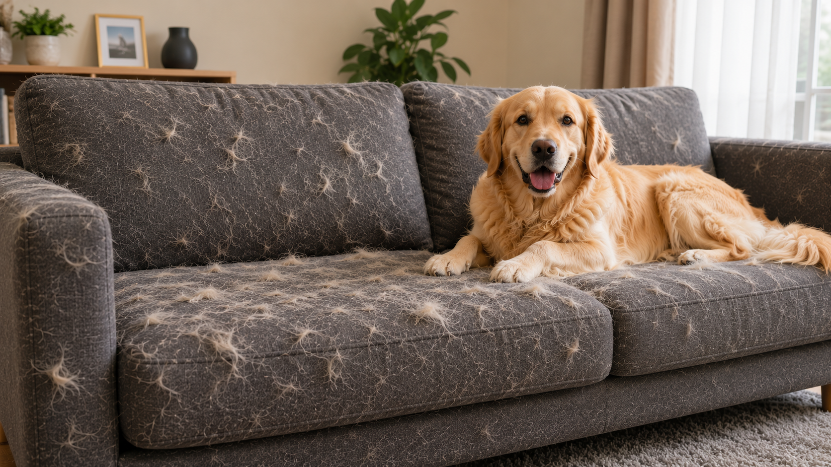 Dog lying on a gray couch with a patterned cushion