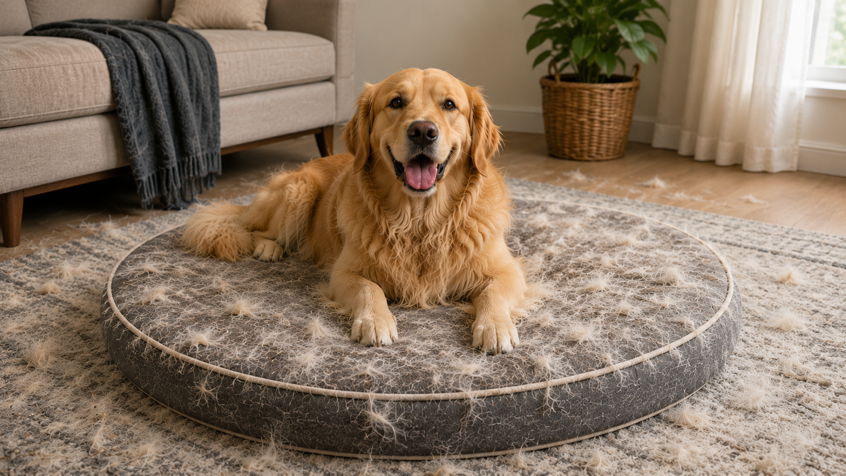 Golden retriever lying on a round pet bed in a cozy living room.
