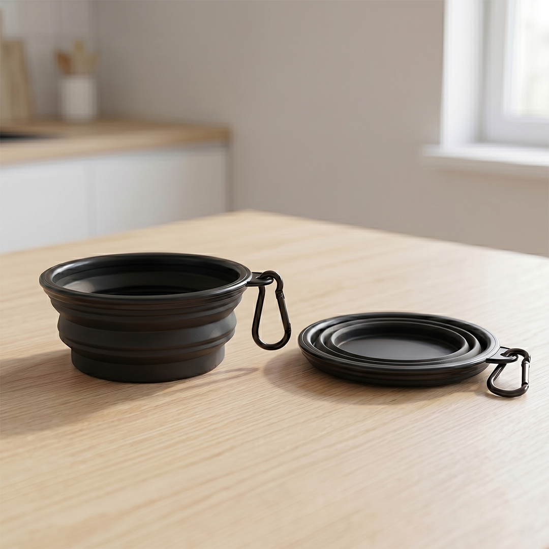 Black collapsible bowls with carrying handles on a wooden table