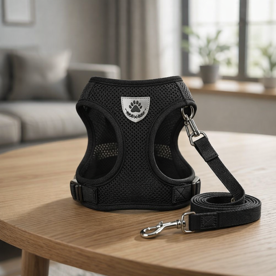 Black dog harness and leash set on a wooden table with a home interior background