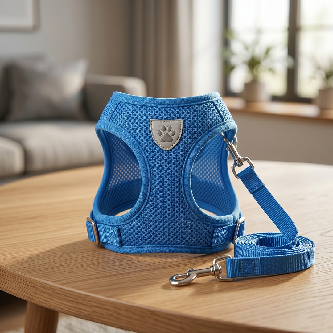 Blue dog harness and leash set on a wooden table with a blurred indoor background