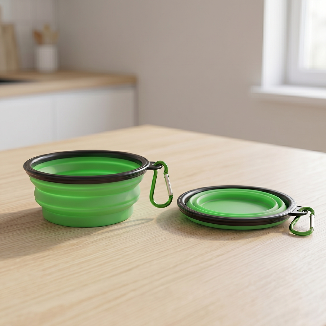 Green collapsible bowls with carabiners on a wooden table