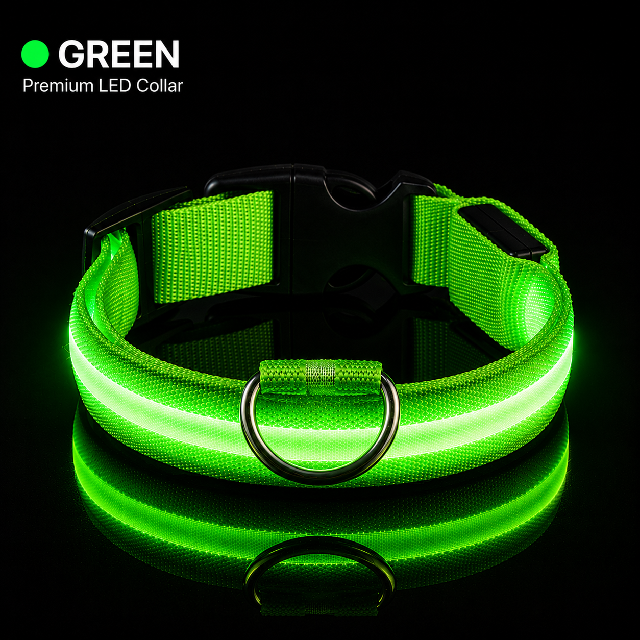 Green LED dog collar on a black background with 'Green Premium LED Collar' text.