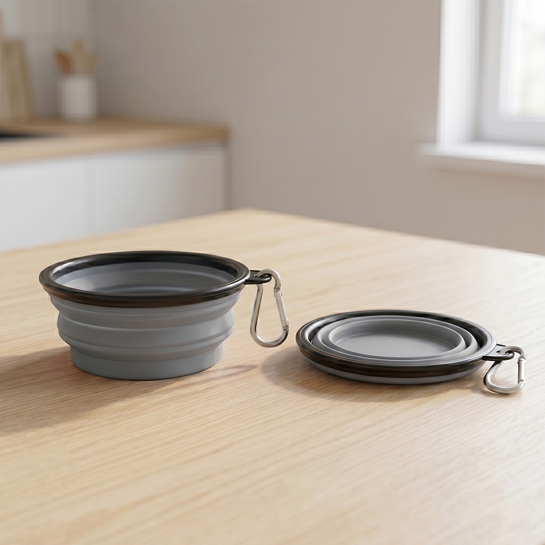 Collapsible pet bowls with carabiners on a wooden table