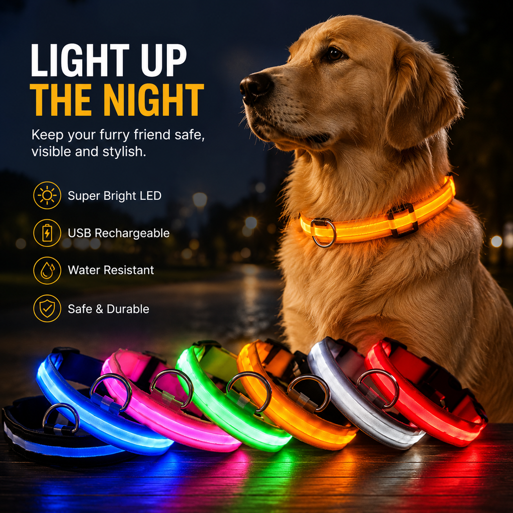 Dog wearing a glowing LED collar with colorful options and features listed.