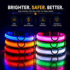 Colorful LED dog collars with USB rechargeable feature on a dark background