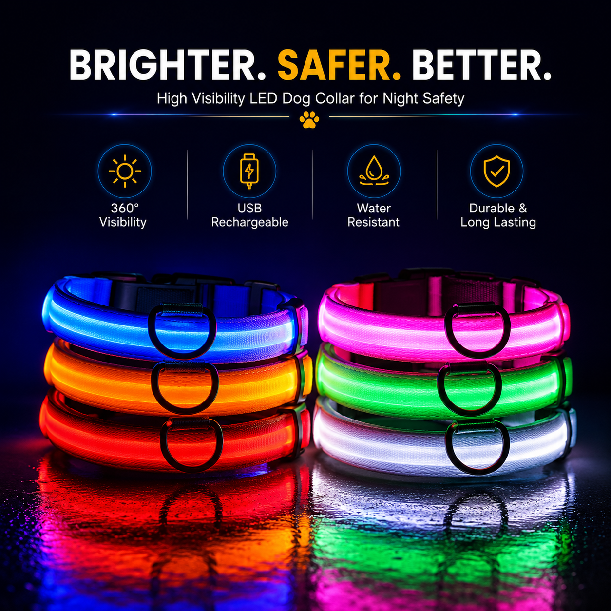 Colorful LED dog collars with USB rechargeable feature on a dark background
