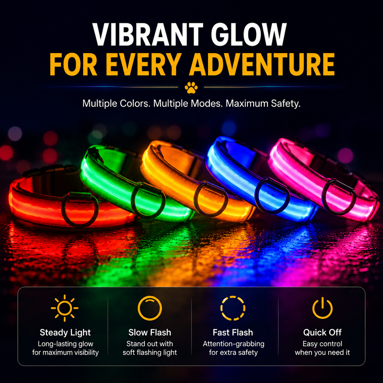Colorful LED dog collars with text highlighting features on a dark background