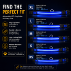 Adjustable LED dog collars with size chart on a black background