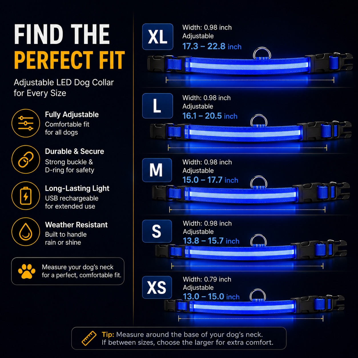 Adjustable LED dog collars with size chart on a black background