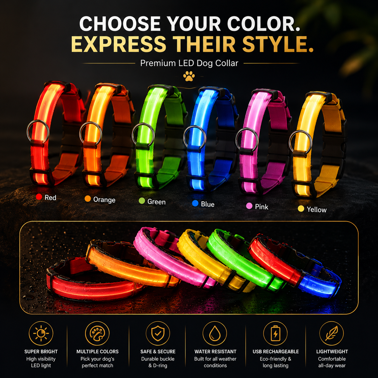 Set of colorful LED dog collars with various features highlighted on a dark background.