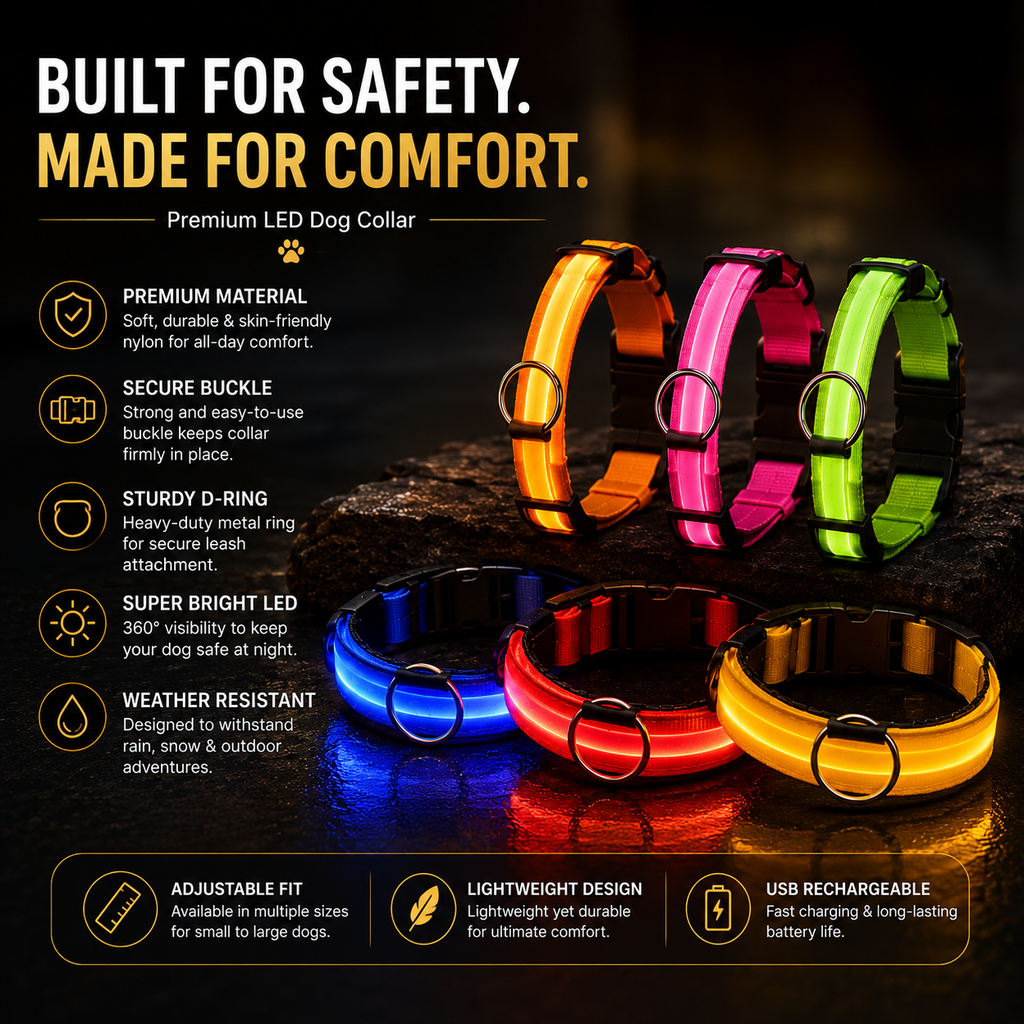 Colorful LED dog collars with safety features on a dark background