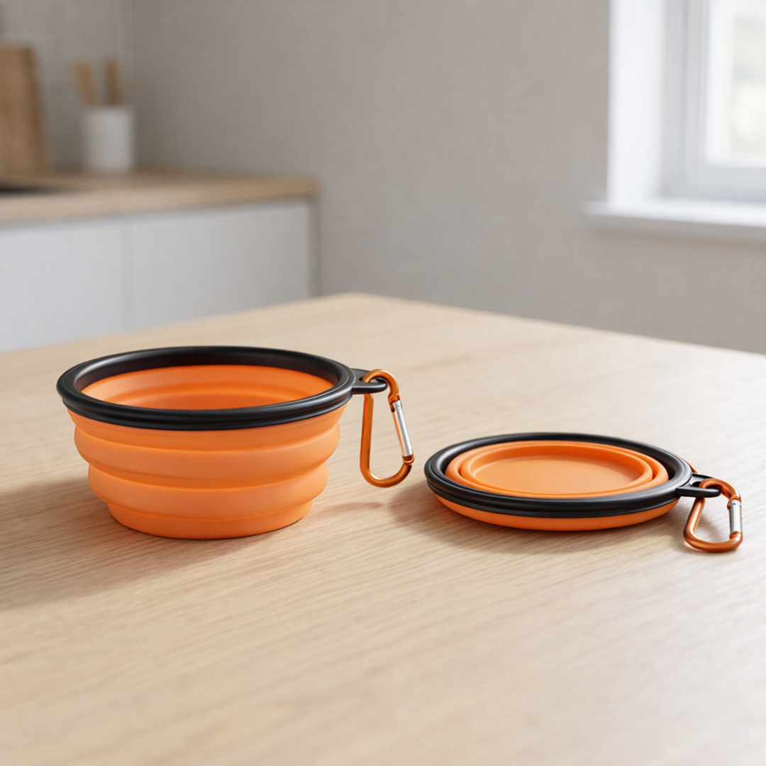 Orange collapsible pet bowl with black rim and carabiner on a wooden surface.