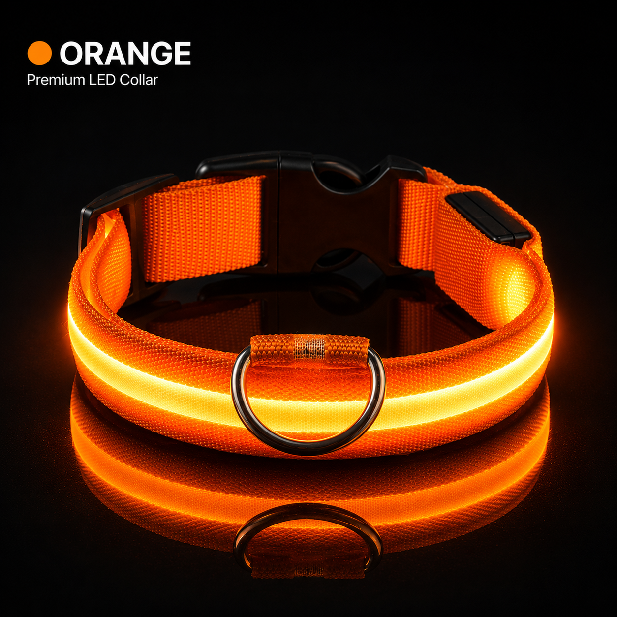Orange LED dog collar on a black background with 'Orange Premium LED Collar' text.