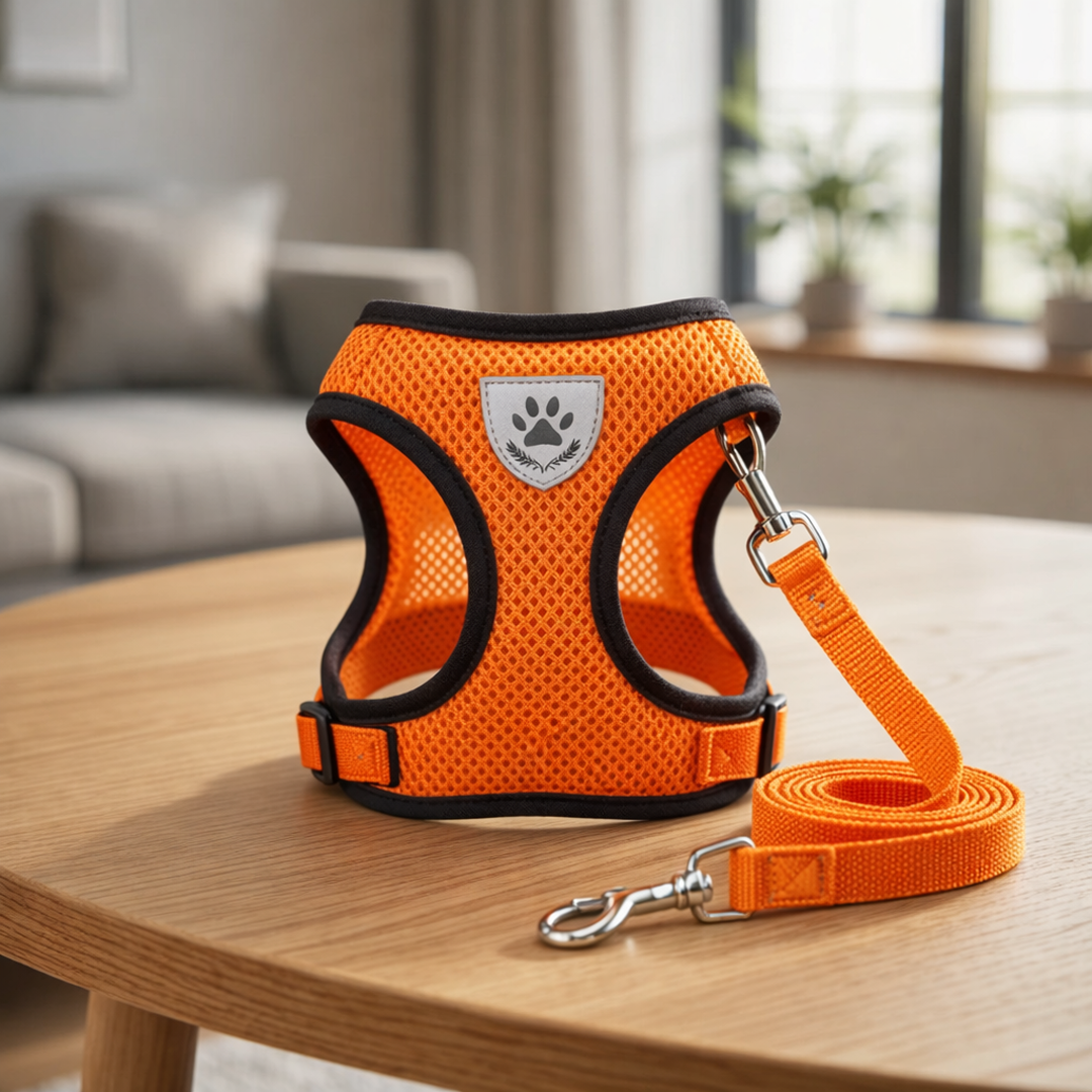 Orange dog harness and leash set on a wooden table with a blurred indoor background