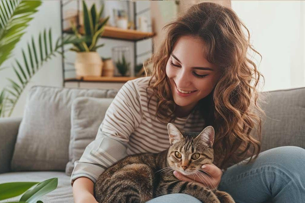 Woman sitting on a couch holding a cat in a cozy living room.