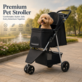 Black pet stroller with a dog inside, set against a scenic background.