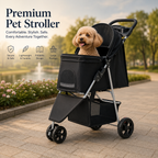 Black pet stroller with a dog inside, set against a scenic background.