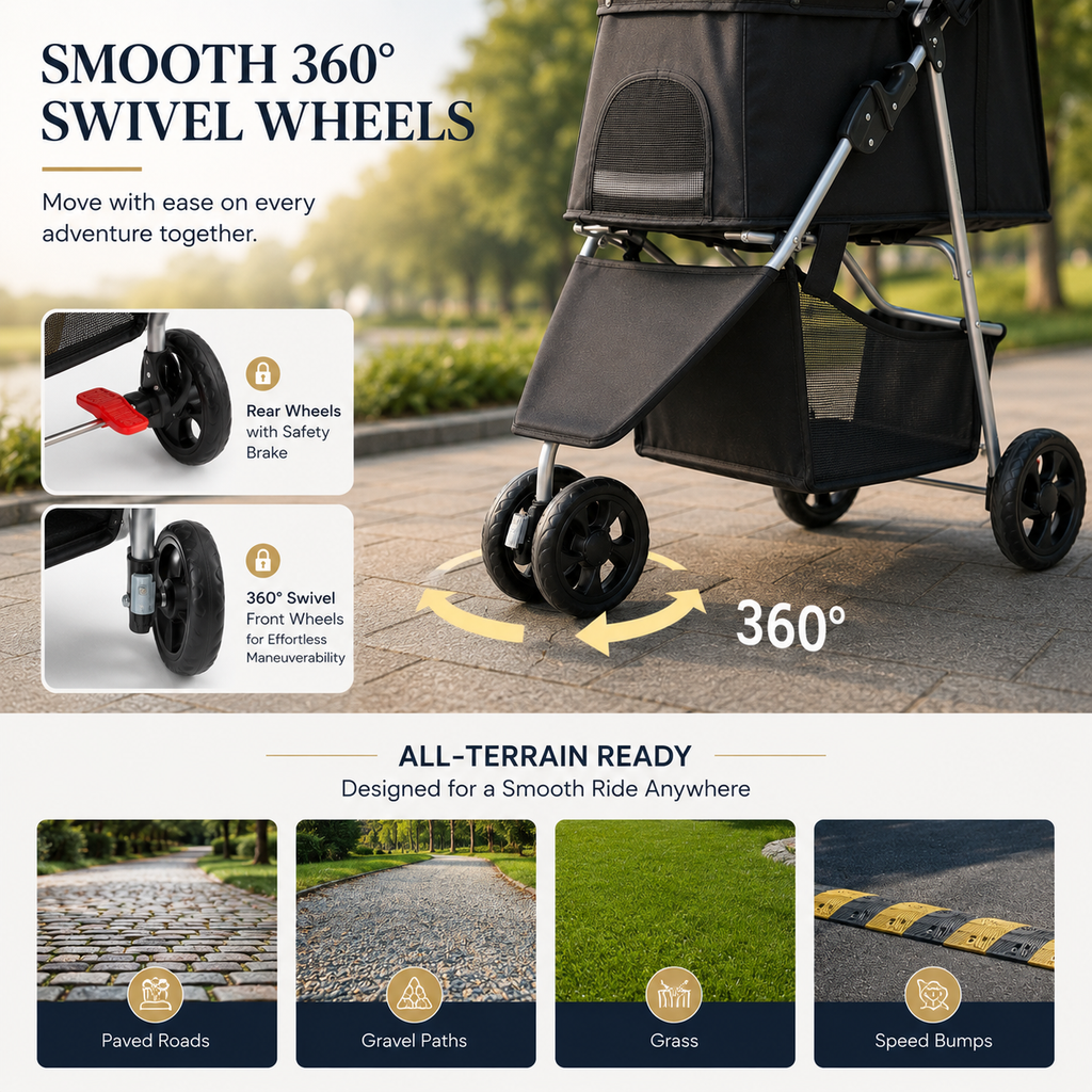 Pet stroller with smooth 360-degree swivel wheels on a blurred outdoor background