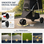 Pet stroller with smooth 360-degree swivel wheels on a blurred outdoor background