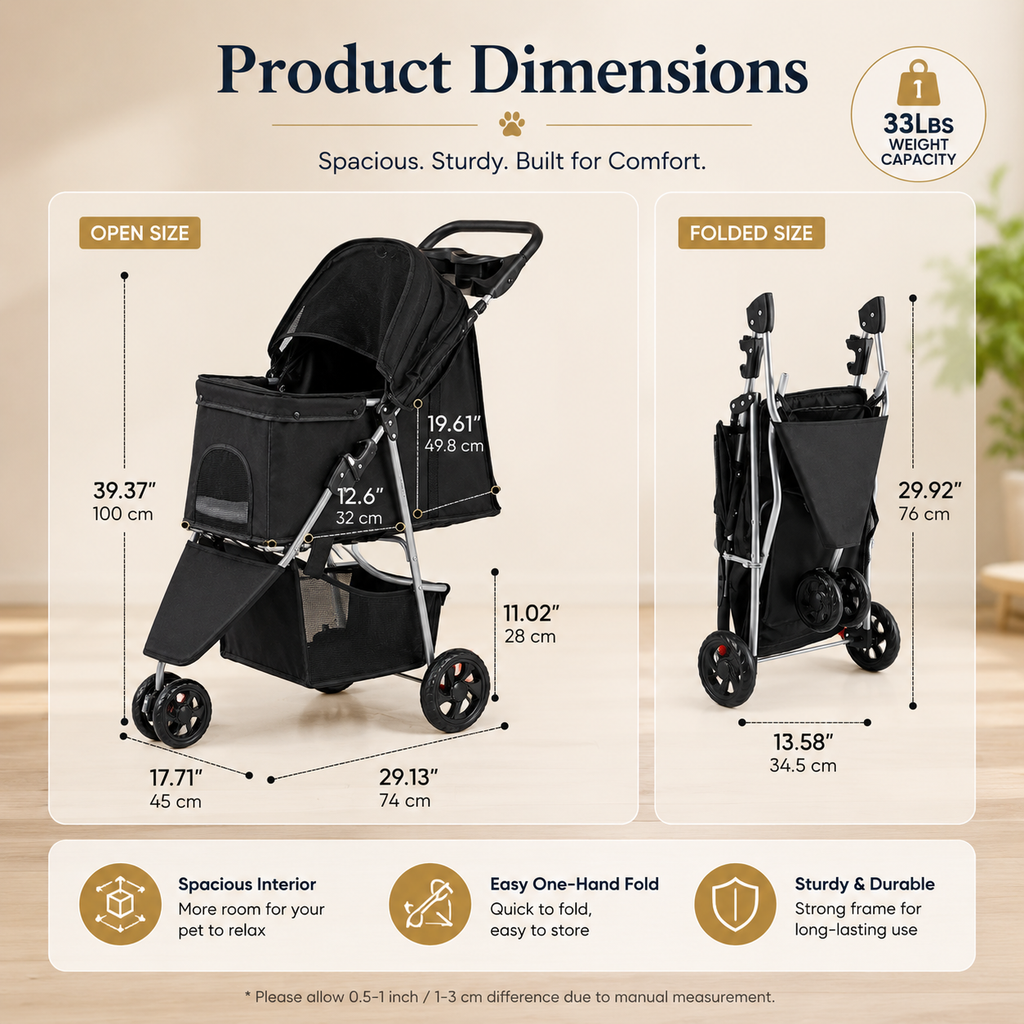 Pet stroller dimensions displayed on a beige background