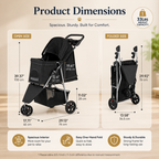 Pet stroller dimensions displayed on a beige background